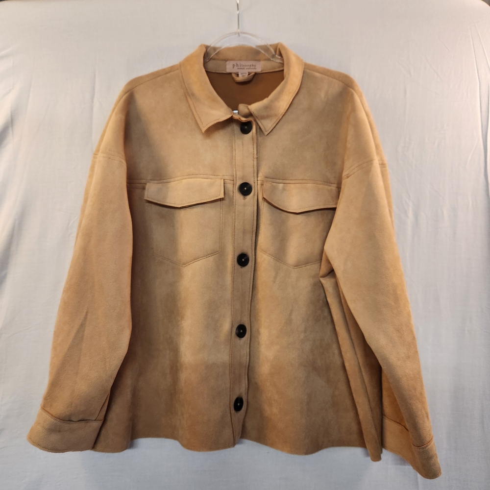 Philosophy Women's Camel Faux Leather Suede Jacket Size 2X Plush Velvety Cozy